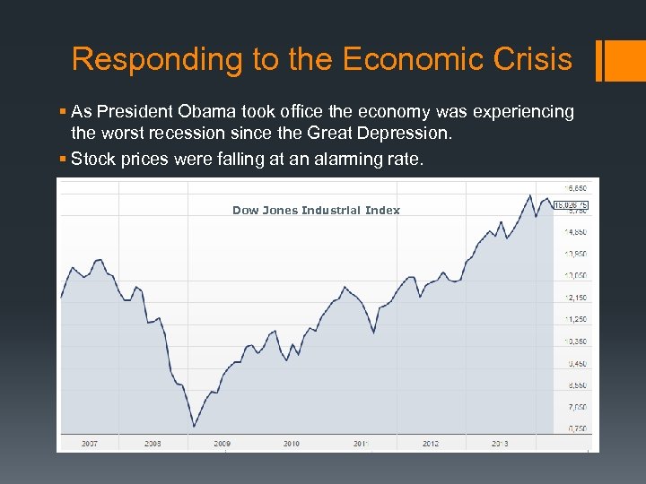 Responding to the Economic Crisis § As President Obama took office the economy was