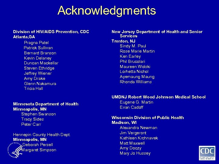 Acknowledgments Division of HIV/AIDS Prevention, CDC Atlanta, GA Pragna Patel Patrick Sullivan Bernard Branson