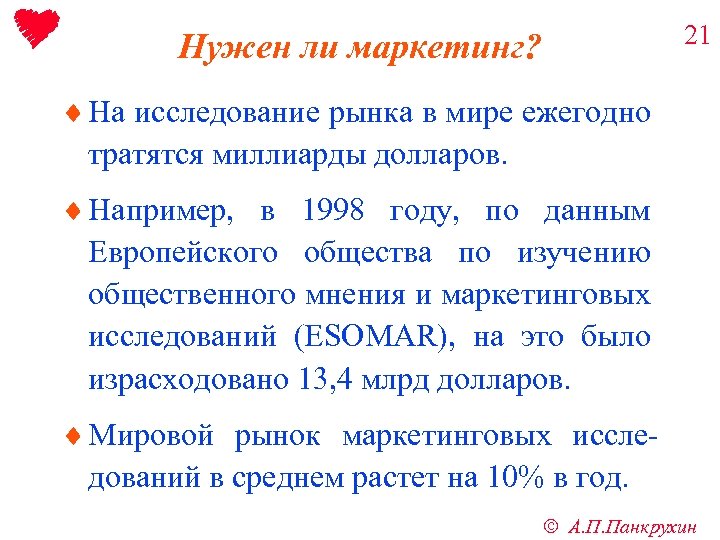 21 Нужен ли маркетинг? ¨ На исследование рынка в мире ежегодно тратятся миллиарды долларов.