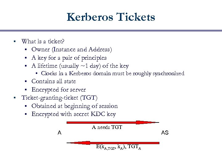 Kerberos Tickets § What is a ticket? § Owner (Instance and Address) § A