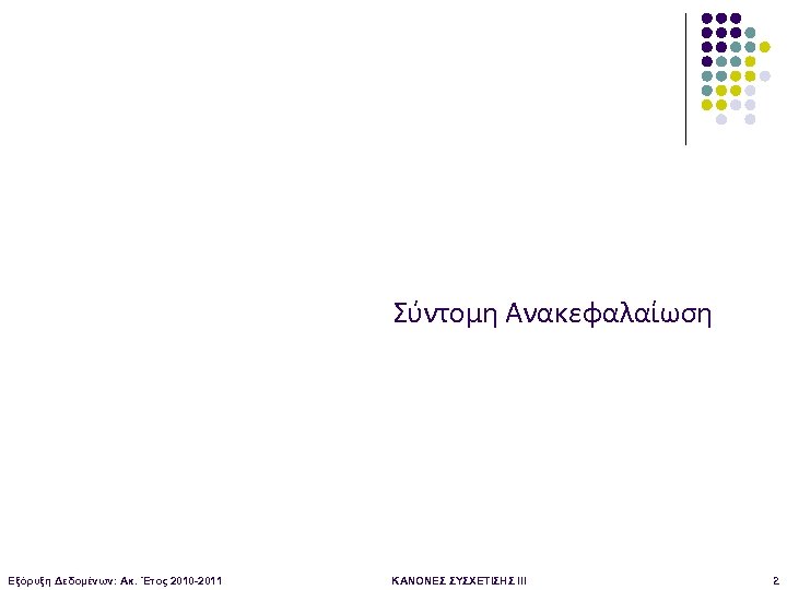 Σύντομη Ανακεφαλαίωση Εξόρυξη Δεδομένων: Ακ. Έτος 2010 -2011 ΚΑΝΟΝΕΣ ΣΥΣΧΕΤΙΣΗΣ III 2 