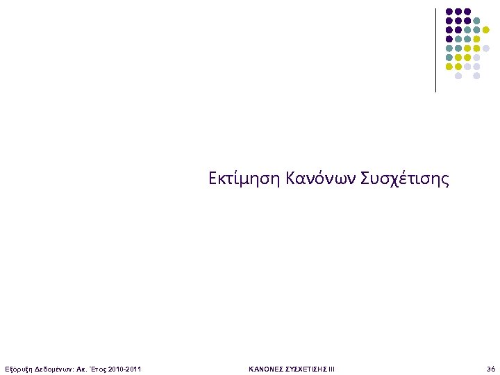 Εκτίμηση Κανόνων Συσχέτισης Εξόρυξη Δεδομένων: Ακ. Έτος 2010 -2011 ΚΑΝΟΝΕΣ ΣΥΣΧΕΤΙΣΗΣ III 36 