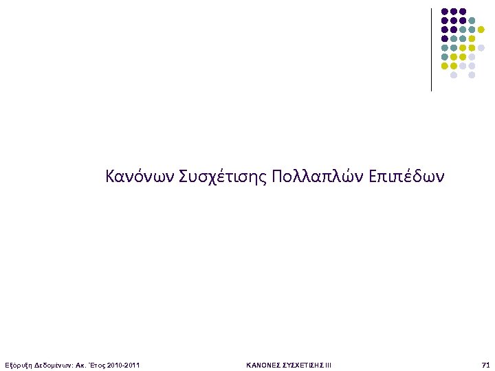 Κανόνων Συσχέτισης Πολλαπλών Επιπέδων Εξόρυξη Δεδομένων: Ακ. Έτος 2010 -2011 ΚΑΝΟΝΕΣ ΣΥΣΧΕΤΙΣΗΣ III 71
