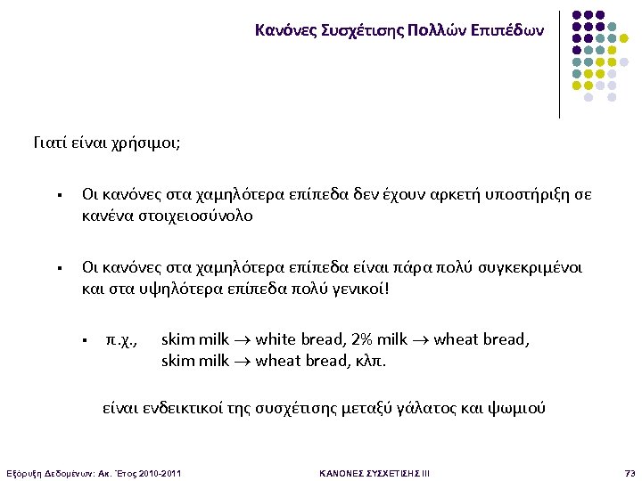 Κανόνες Συσχέτισης Πολλών Επιπέδων Γιατί είναι χρήσιμοι; § Οι κανόνες στα χαμηλότερα επίπεδα δεν