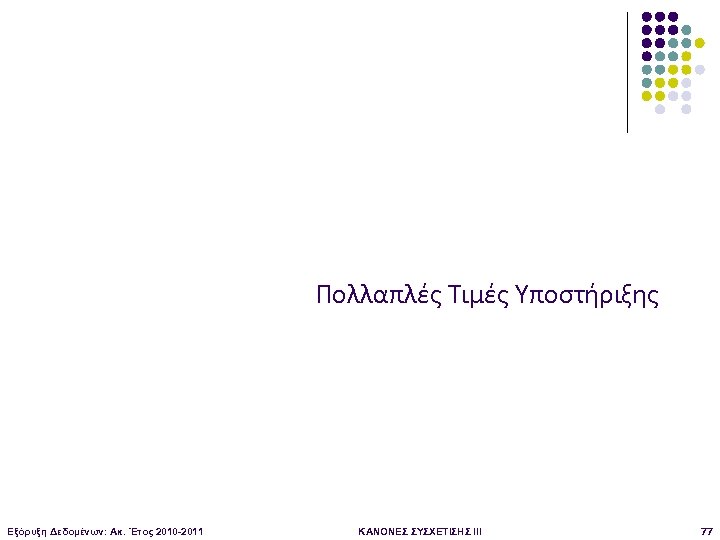 Πολλαπλές Τιμές Υποστήριξης Εξόρυξη Δεδομένων: Ακ. Έτος 2010 -2011 ΚΑΝΟΝΕΣ ΣΥΣΧΕΤΙΣΗΣ III 77 