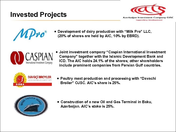 Invested Projects · Development of dairy production with “Milk Pro” LLC, (20% of shares