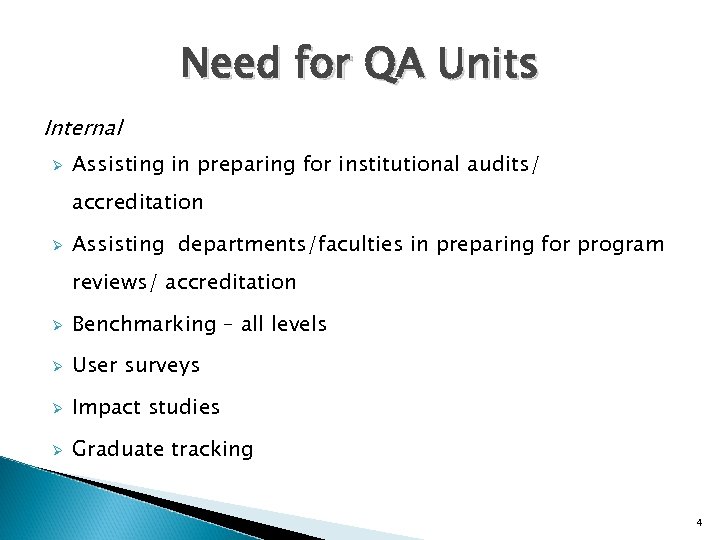 Need for QA Units Internal Ø Assisting in preparing for institutional audits/ accreditation Ø