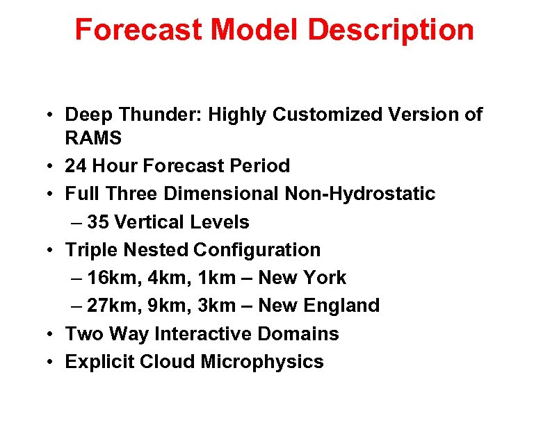 Forecast Model Description • Deep Thunder: Highly Customized Version of RAMS • 24 Hour