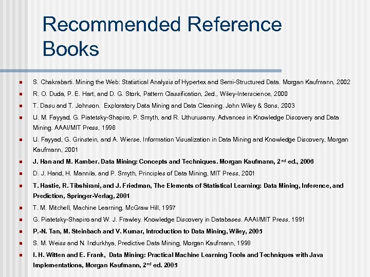 Recommended Reference Books n S. Chakrabarti. Mining the Web: Statistical Analysis of Hypertex and