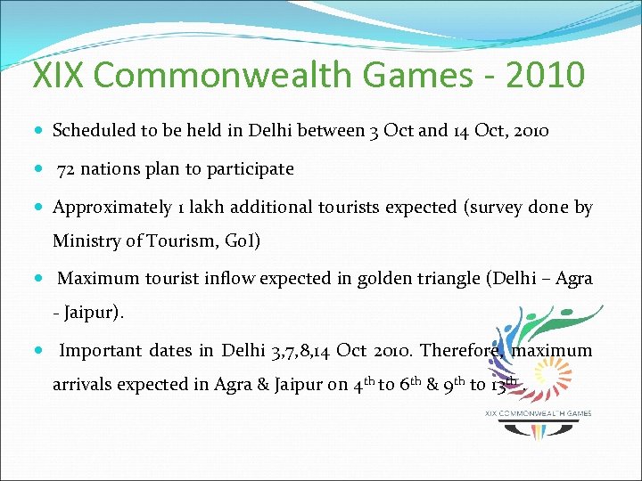 XIX Commonwealth Games - 2010 Scheduled to be held in Delhi between 3 Oct