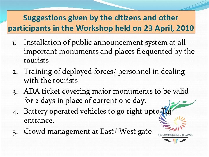 Suggestions given by the citizens and other participants in the Workshop held on 23