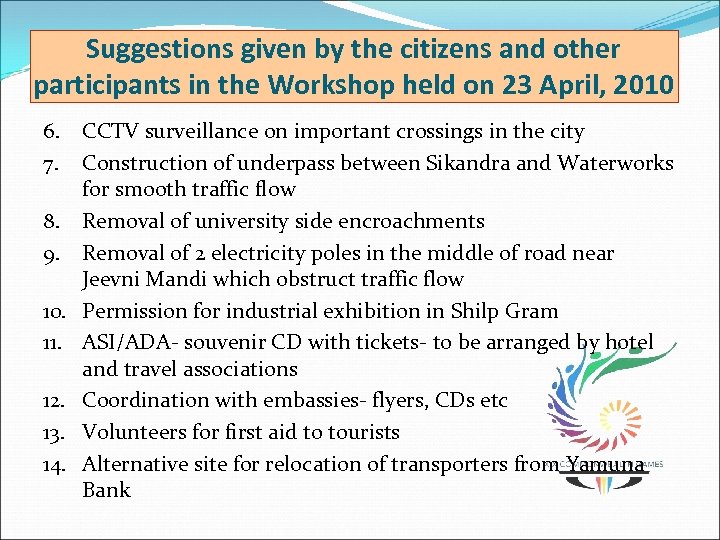 Suggestions given by the citizens and other participants in the Workshop held on 23