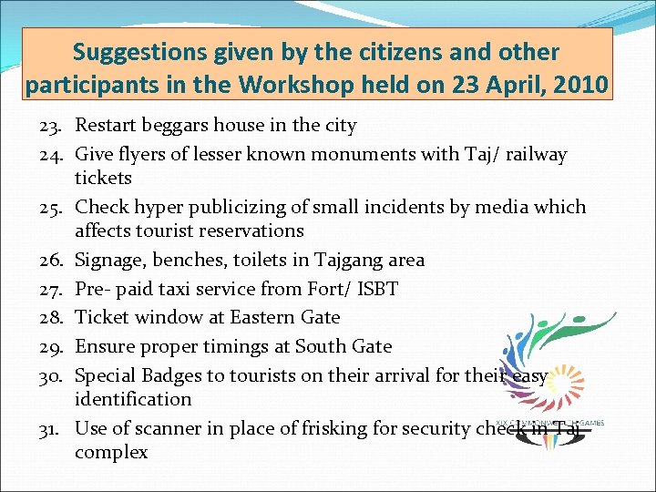 Suggestions given by the citizens and other participants in the Workshop held on 23