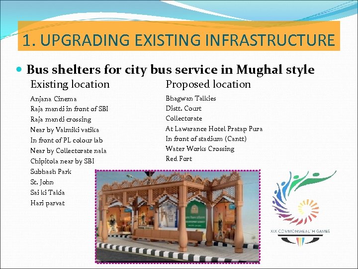 1. UPGRADING EXISTING INFRASTRUCTURE Bus shelters for city bus service in Mughal style Existing