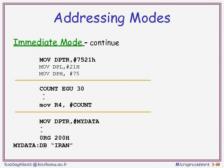 Addressing Modes Immediate Mode – continue MOV DPTR, #7521 h MOV DPL, #21 H