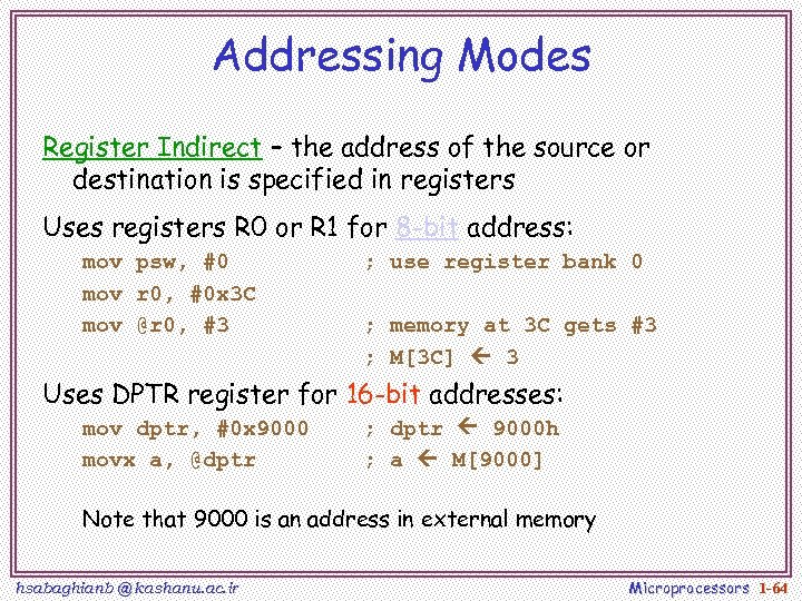 Addressing Modes Register Indirect – the address of the source or destination is specified