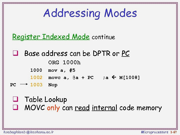 Addressing Modes Register Indexed Mode continue q Base address can be DPTR or PC