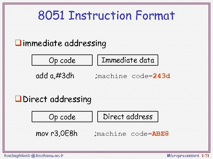 8051 Instruction Format q immediate addressing Op code add a, #3 dh Immediate data
