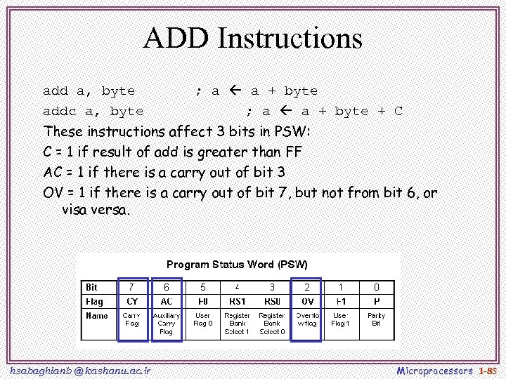 ADD Instructions add a, byte addc a, byte ; a a + byte +