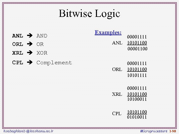 Bitwise Logic ANL AND ORL OR XRL XOR Examples: 00001111 ANL 10101100 00001100 CPL