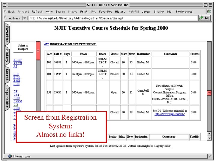 Screen from Registration System: Almost no links! 