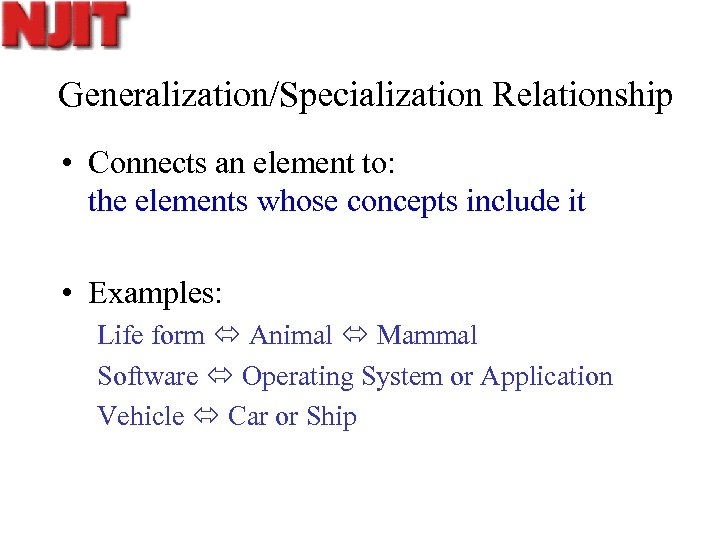 Generalization/Specialization Relationship • Connects an element to: the elements whose concepts include it •