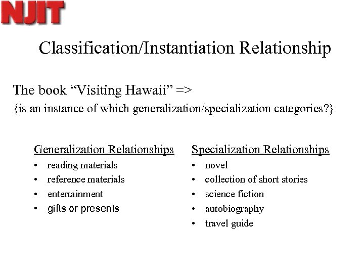 Classification/Instantiation Relationship The book “Visiting Hawaii” => {is an instance of which generalization/specialization categories?