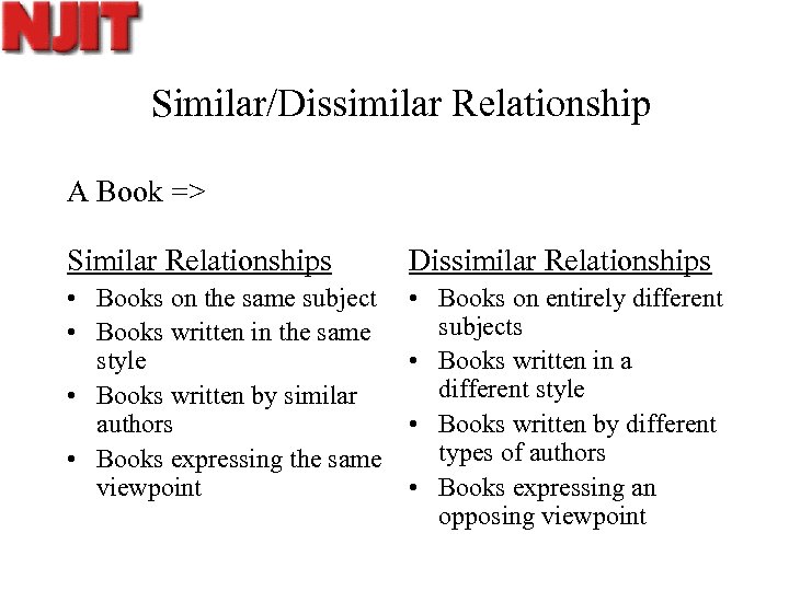 Similar/Dissimilar Relationship A Book => Similar Relationships Dissimilar Relationships • Books on the same