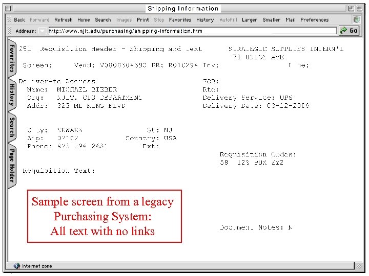 Sample screen from a legacy Purchasing System: All text with no links 