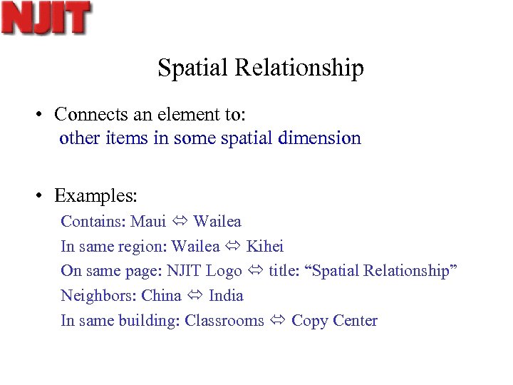 Spatial Relationship • Connects an element to: other items in some spatial dimension •