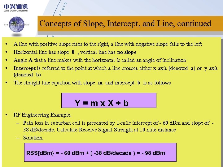 Concepts of Slope, Intercept, and Line, continued • • • A line with positive