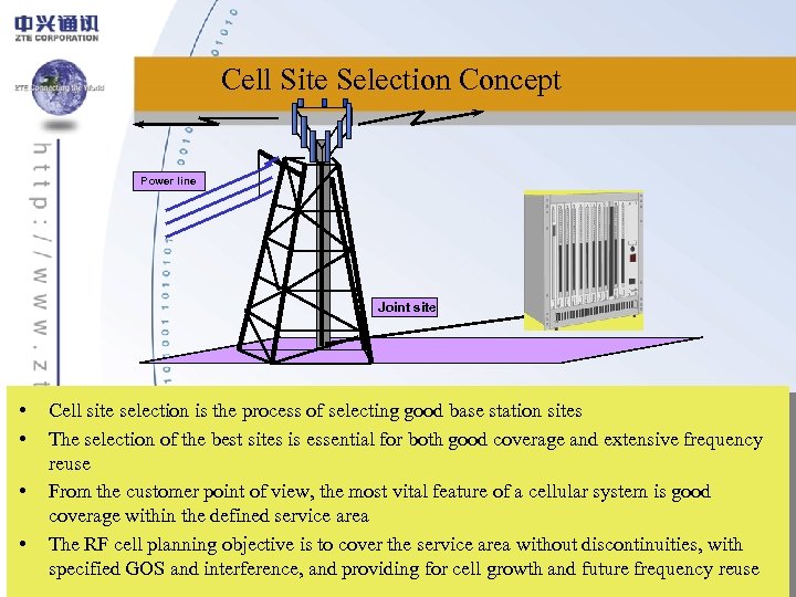 Cell Site Selection Concept Power line Joint site • • Cell site selection is