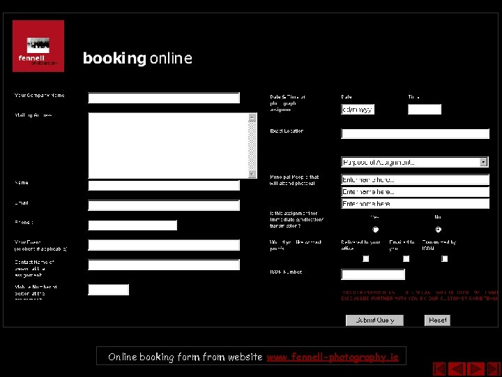 Online booking form from website www. fennell-photography. ie 