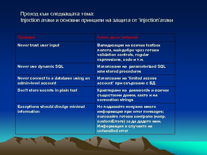 Преход към следващата тема: Injection атаки и основни принципи на защита от ‘injection’атаки Принцип