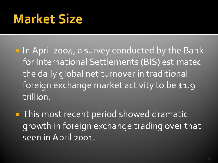 Market Size In April 2004, a survey conducted by the Bank for International Settlements