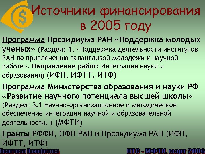Источники финансирования в 2005 году Программа Президиума РАН «Поддержка молодых ученых» (Раздел: 1. «Поддержка