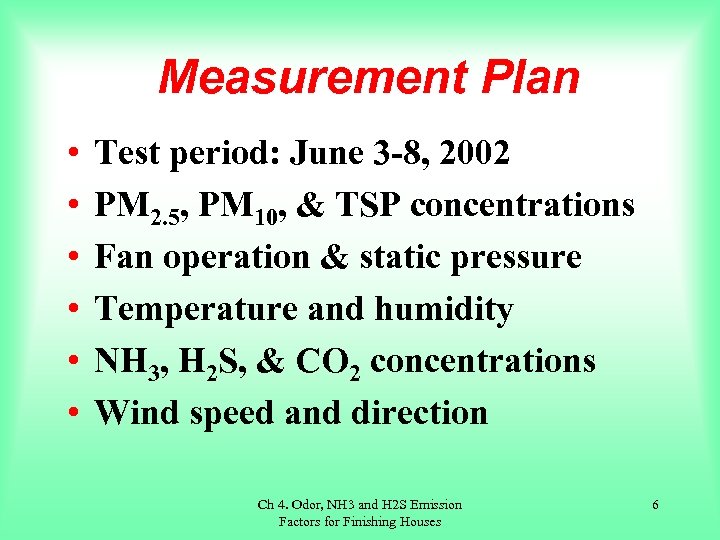 Measurement Plan • • • Test period: June 3 -8, 2002 PM 2. 5,