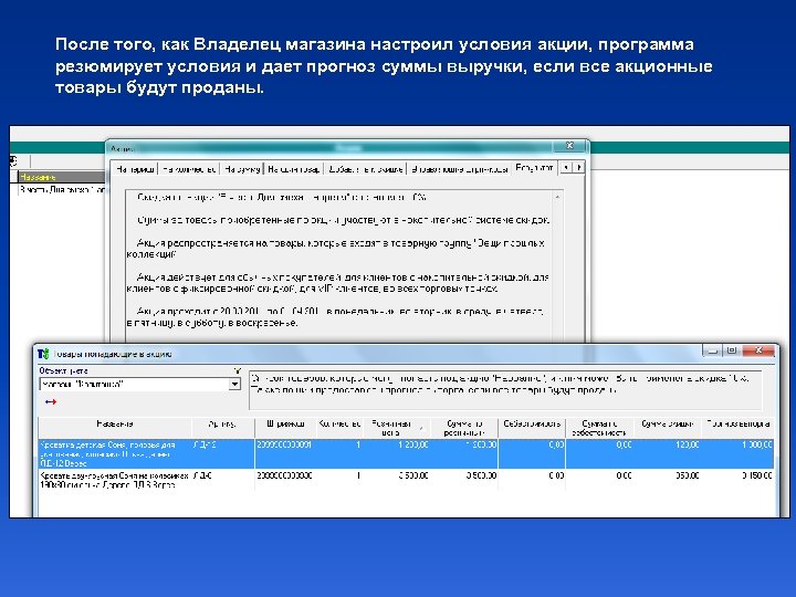 После того, как Владелец магазина настроил условия акции, программа резюмирует условия и дает прогноз