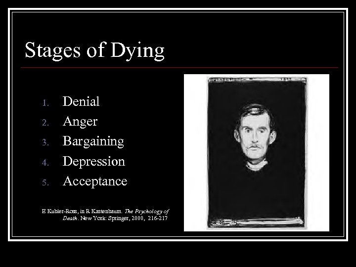Stages of Dying 1. 2. 3. 4. 5. Denial Anger Bargaining Depression Acceptance E