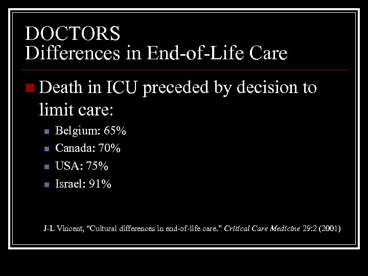 DOCTORS Differences in End-of-Life Care n Death in ICU preceded by decision to limit