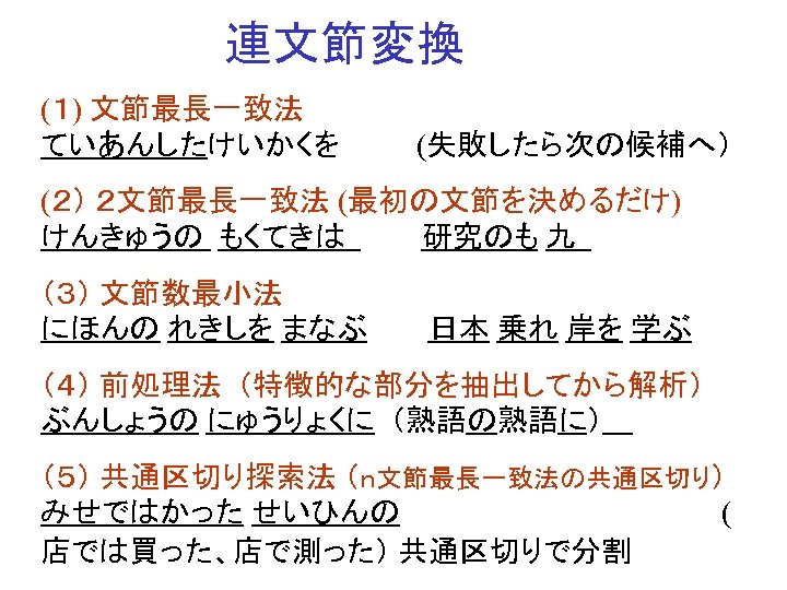 連文節変換 (１) 文節最長一致法 ていあんしたけいかくを (失敗したら次の候補へ） (２） ２文節最長一致法 (最初の文節を決めるだけ) けんきゅうの もくてきは 研究のも 九 （３） 文節数最小法