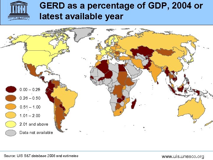 GERD as a percentage of GDP, 2004 or latest available year 0. 00 –