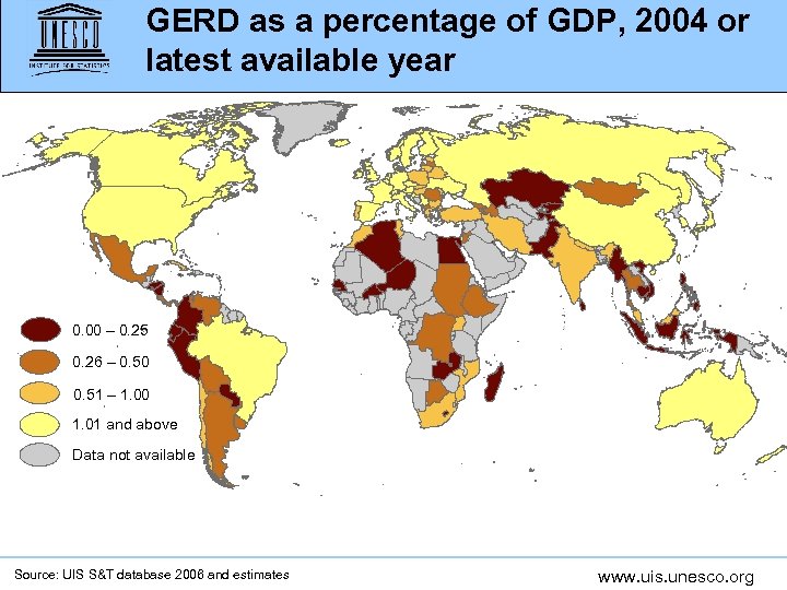 GERD as a percentage of GDP, 2004 or latest available year 0. 00 –