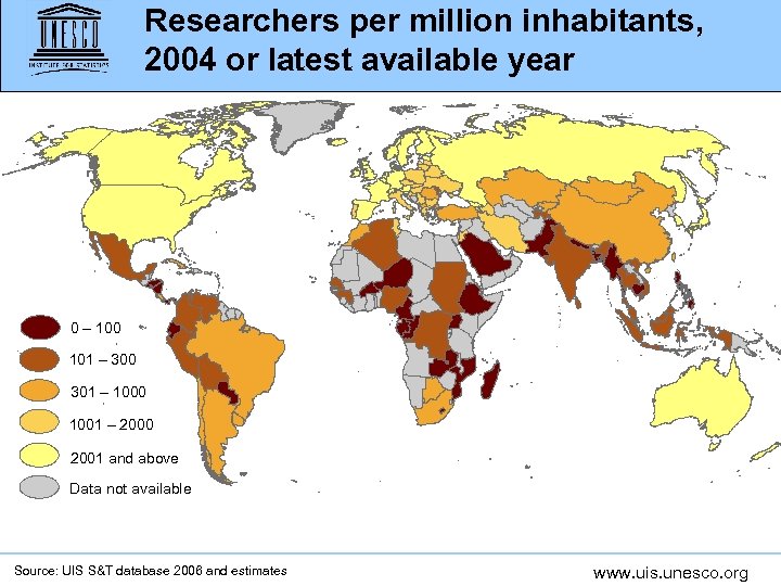 Researchers per million inhabitants, 2004 or latest available year 0 – 100 101 –