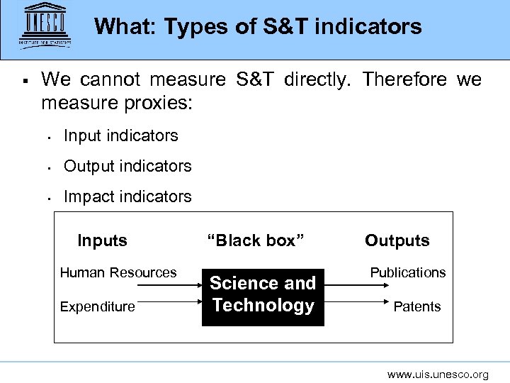 What: Types of S&T indicators § We cannot measure S&T directly. Therefore we measure