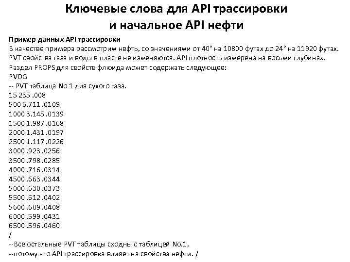 Ключевые слова для API трассировки и начальное API нефти Пример данных API трассировки В