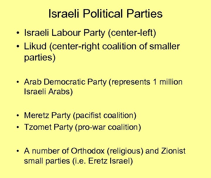 Israeli Political Parties • Israeli Labour Party (center-left) • Likud (center-right coalition of smaller