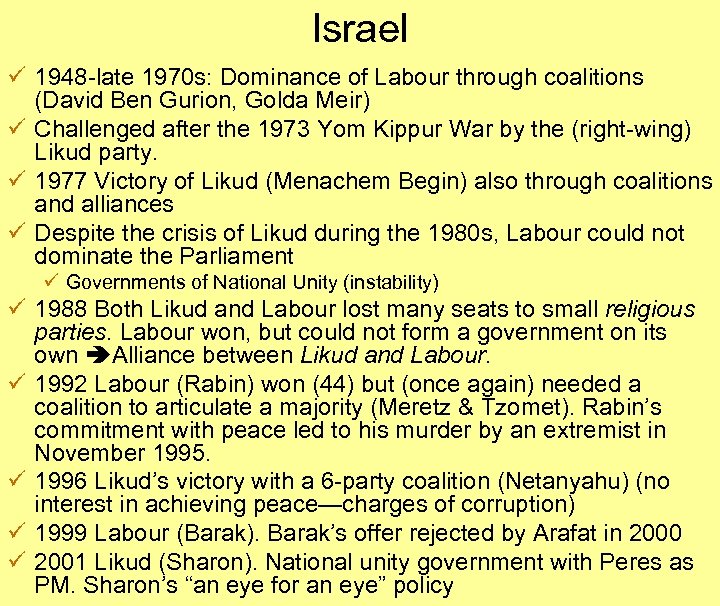 Israel ü 1948 -late 1970 s: Dominance of Labour through coalitions (David Ben Gurion,