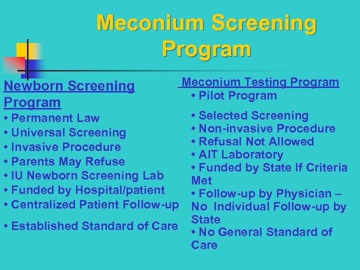 Meconium Screening Program Newborn Screening Program Meconium Testing Program • Pilot Program • Selected