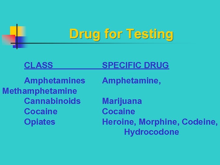 Drug for Testing CLASS Amphetamines Methamphetamine Cannabinoids Cocaine Opiates SPECIFIC DRUG Amphetamine, Marijuana Cocaine